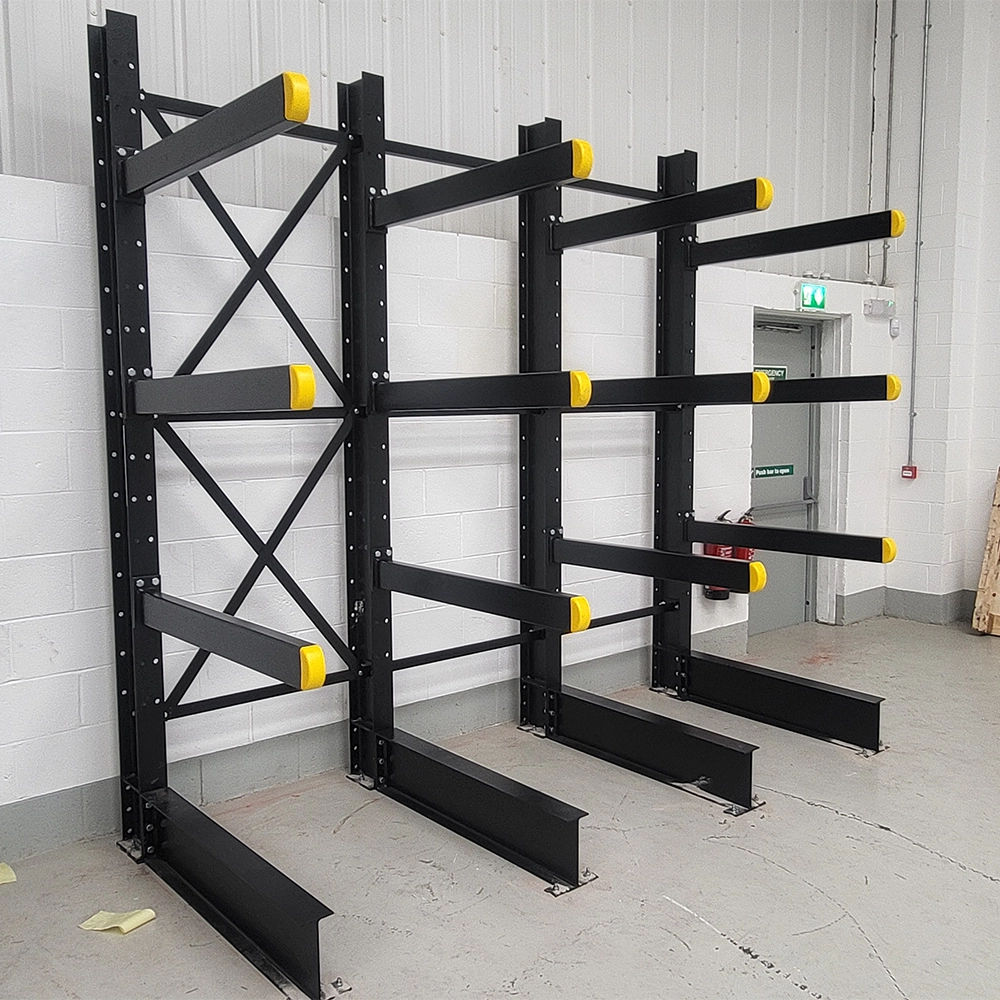 Cantilever Warehouse Rack 3000mm high x 3000mm long x 1200mm deep. Four upright columns. Three arms per column. 1000kg UDL per arm
